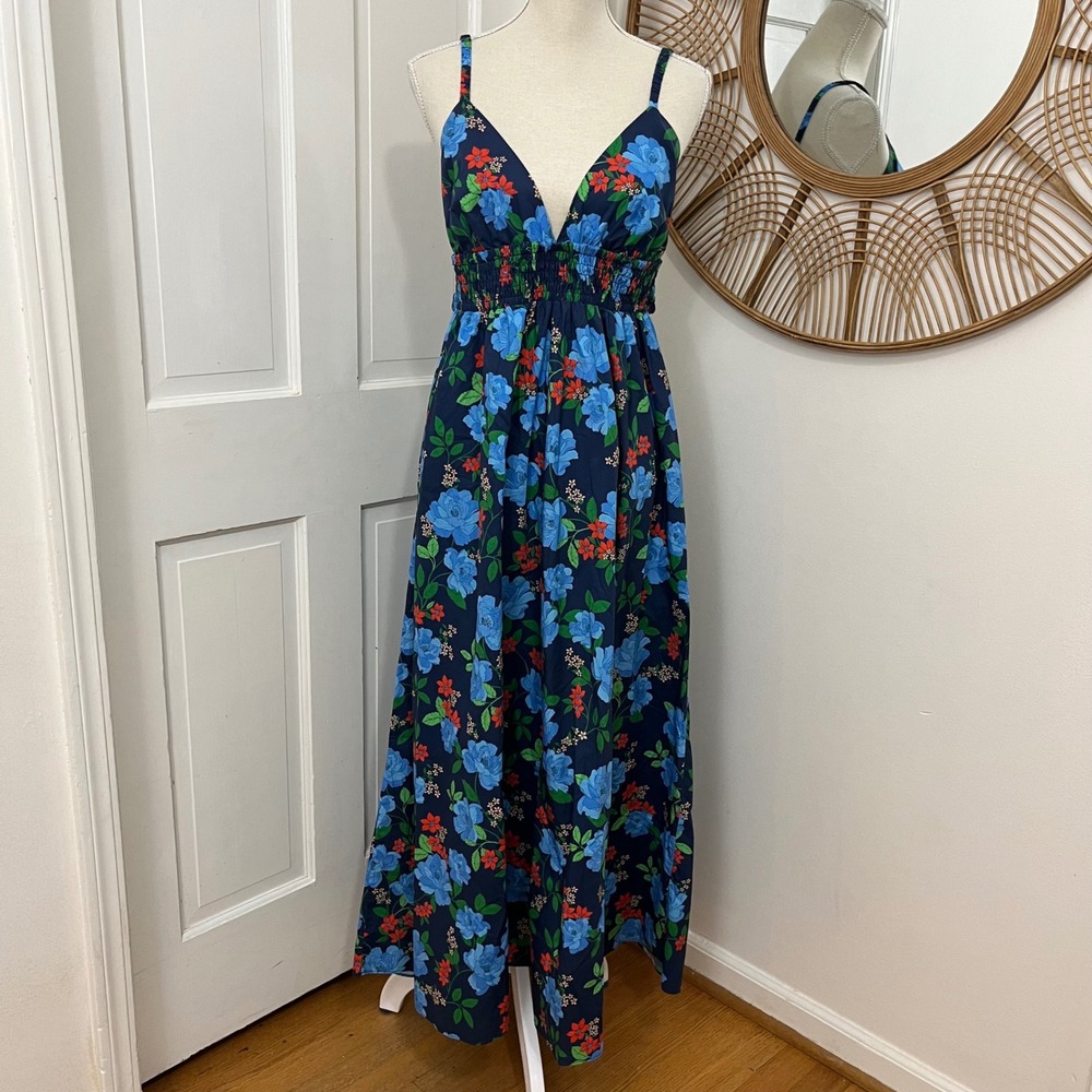 J.Crew Smocked Cover Up Maxi Dress in Blue Peony XL Boho Coastal Resort NEW